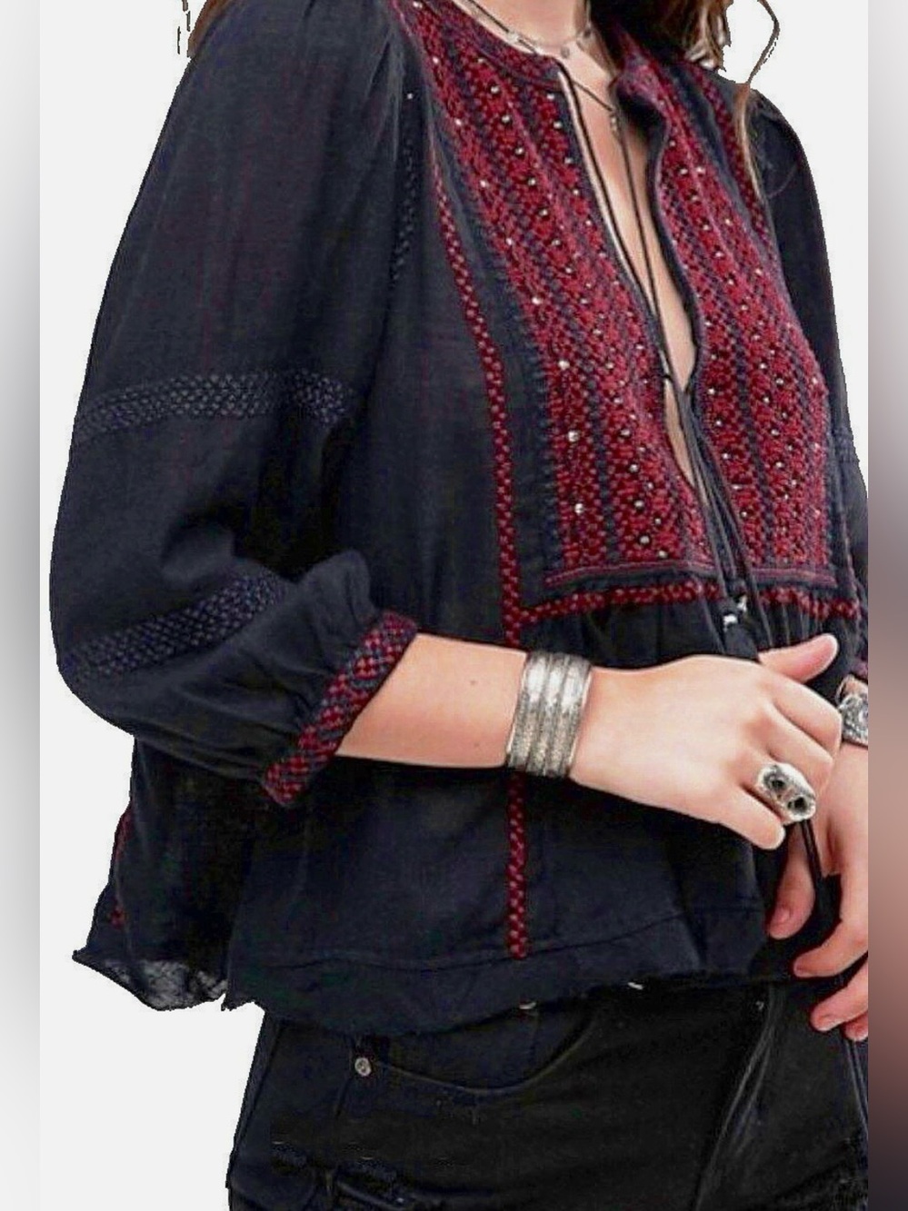 FREE PEOPLE Embroidered Peasant Top.